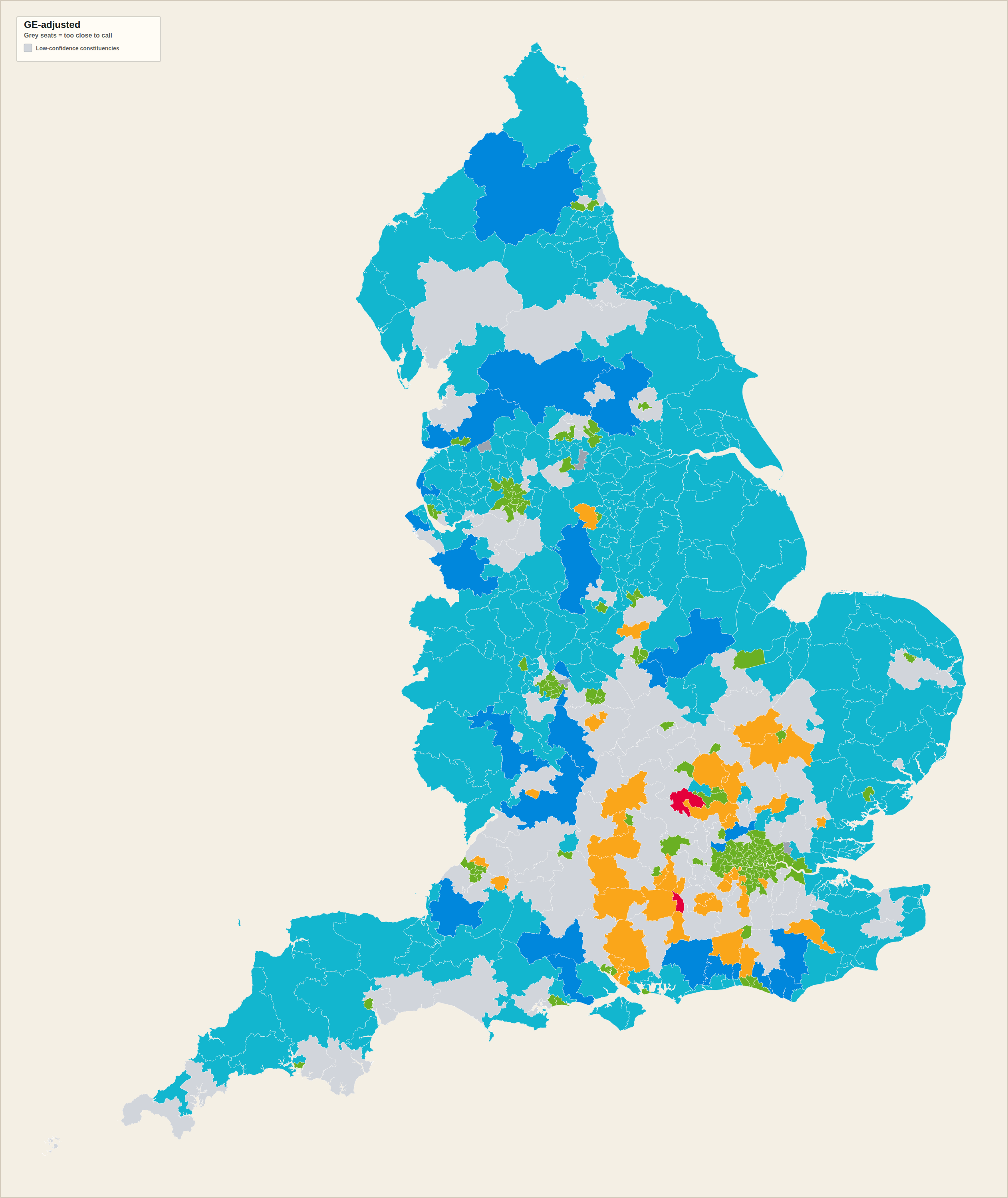 Projected constituency outcome map with the GE turnout correction applied